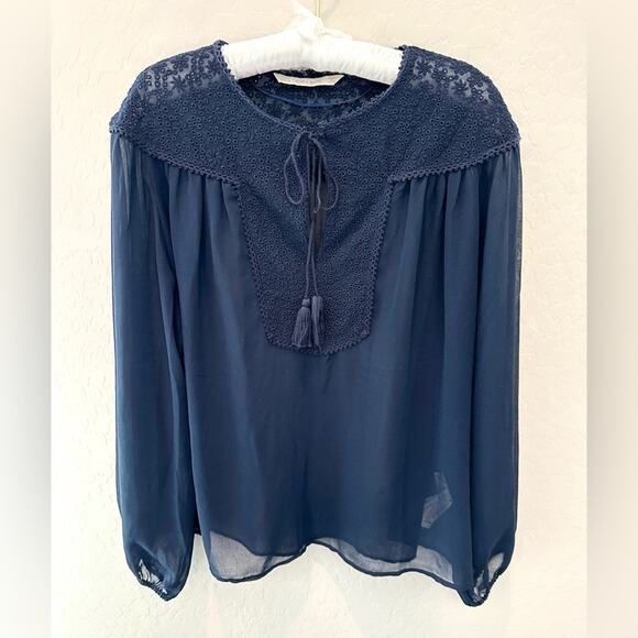 Zara Tops - ZARA | Basic Navy Blue Sheer Eyelet Lace Boho Chic Long Sleeve Blouse | Small